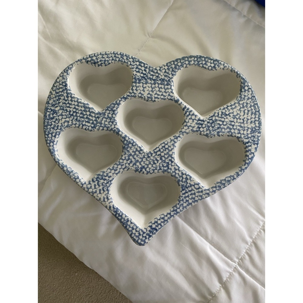 Vintage Blue Spongeware Ceramic Heart Muffin Pan – Cottagecore Bakeware